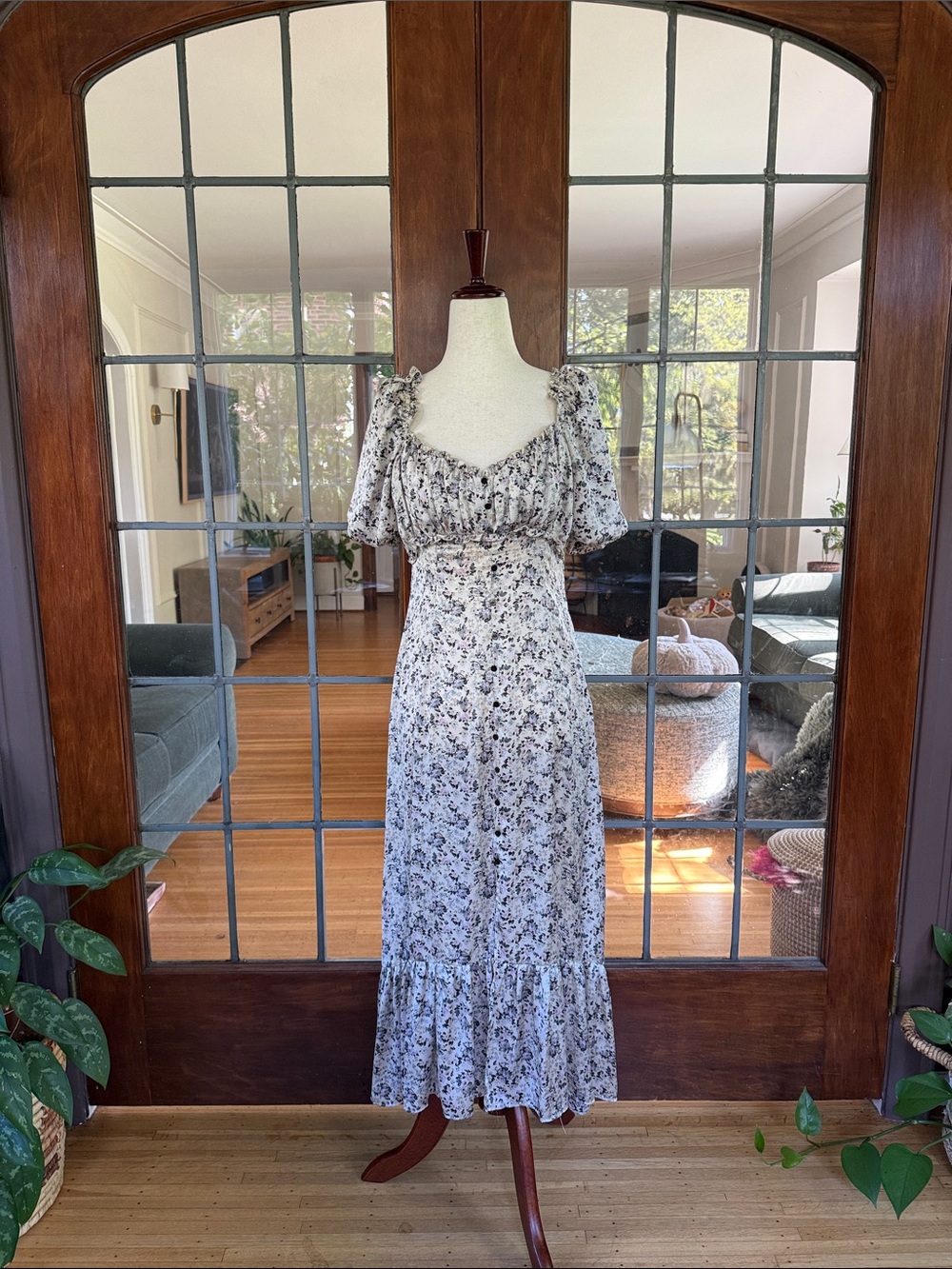 Zara Silky Floral Puff‑Sleeve Maxi Dress